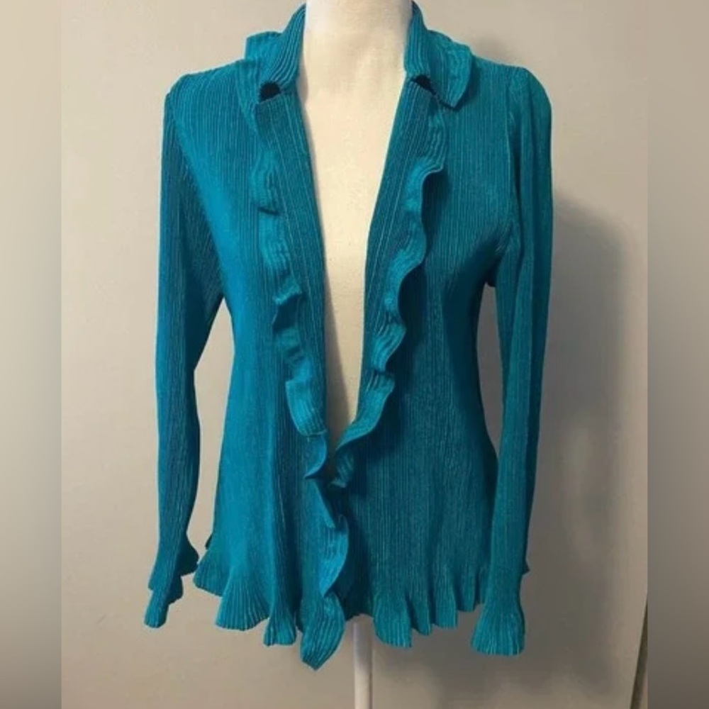 Chico's Crystal Pleated Ruffled Teal Cardigan Top Sz 0 Small With Under Tank